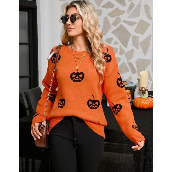 Women's Orange Pumpkin Sweater Crew Neck Long Sleeve Halloween Pullover - Picture 2 of 7